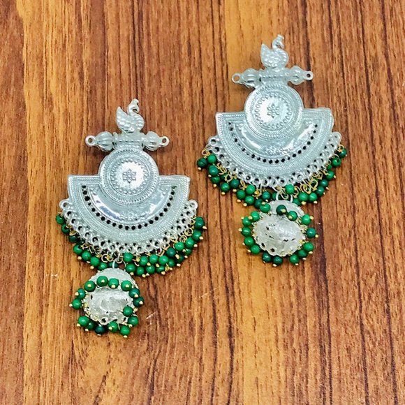 Massive Dangle Earrings, Oxidized Silver Indian Earrings, Handmade Silver Tone - Picture 2 of 6